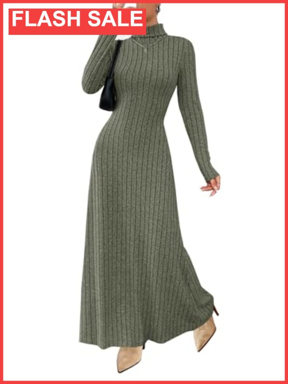 Ribbed Knit Long Sleeve Maxi Dress Turtle Neck Bodycon